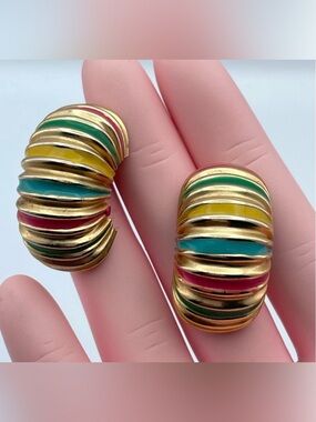 Vintage Gay Boyer Gold Tone Striped Enamel Hoop Earrings 1980s